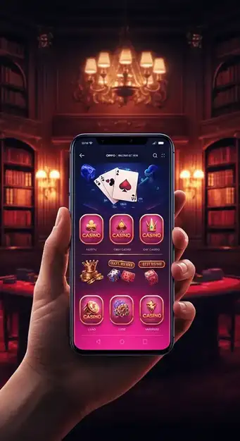 Interface principale de Rizz Casino présentant un aperçu de la vaste ludothèque et des offres de bienvenue exclusives, avec des éléments de design cyberpunk, sur fond sombre aux néons violets.